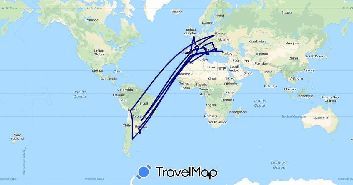 TravelMap itinerary: driving in Andorra, Argentina, Bulgaria, Bolivia, Spain, United Kingdom, Greece, Hungary, Italy, Morocco, Poland, Portugal, Serbia, Turkey (Africa, Asia, Europe, South America)